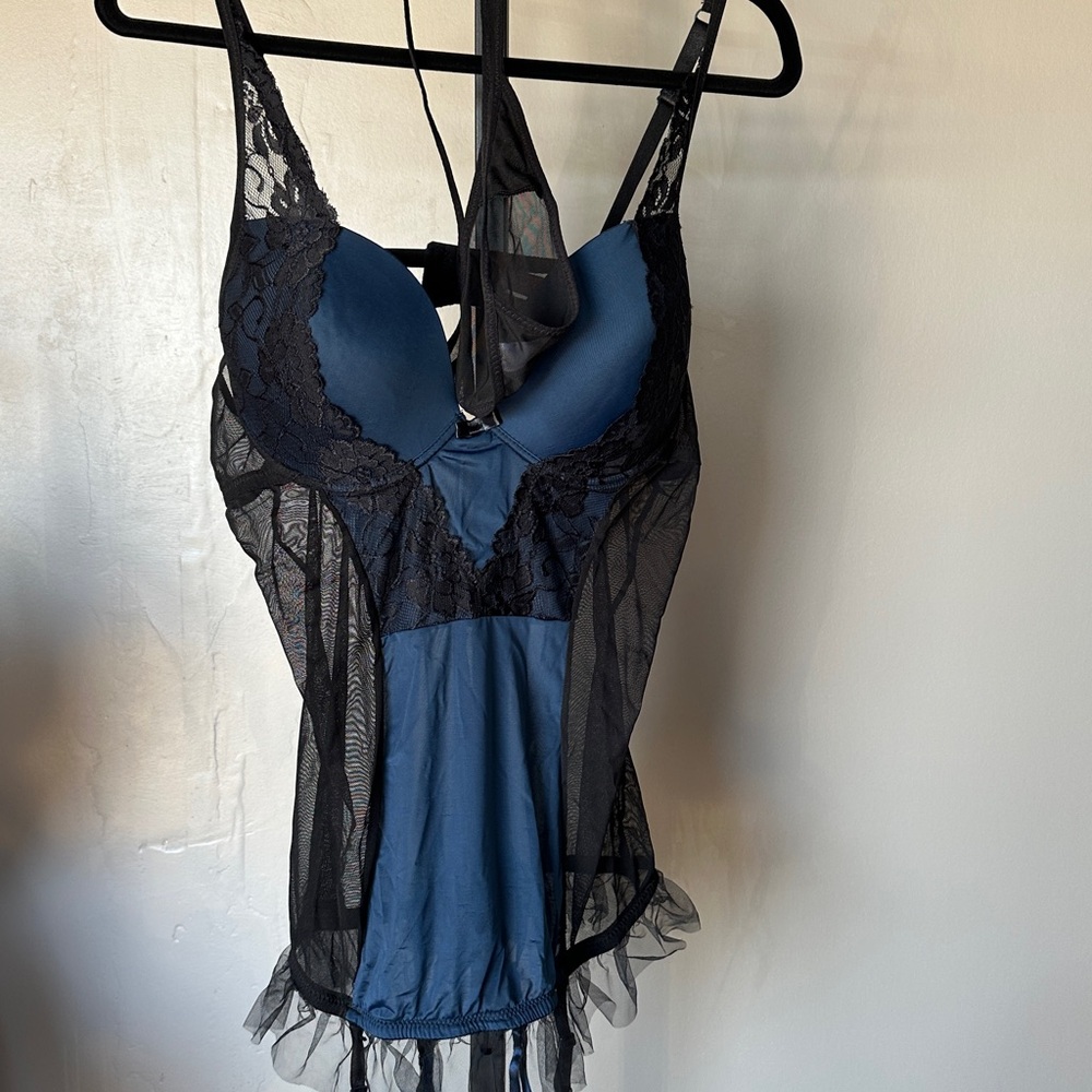 ☑️Black Fuchsia by Secret Lace - Black and Blue Lace lingerie.
